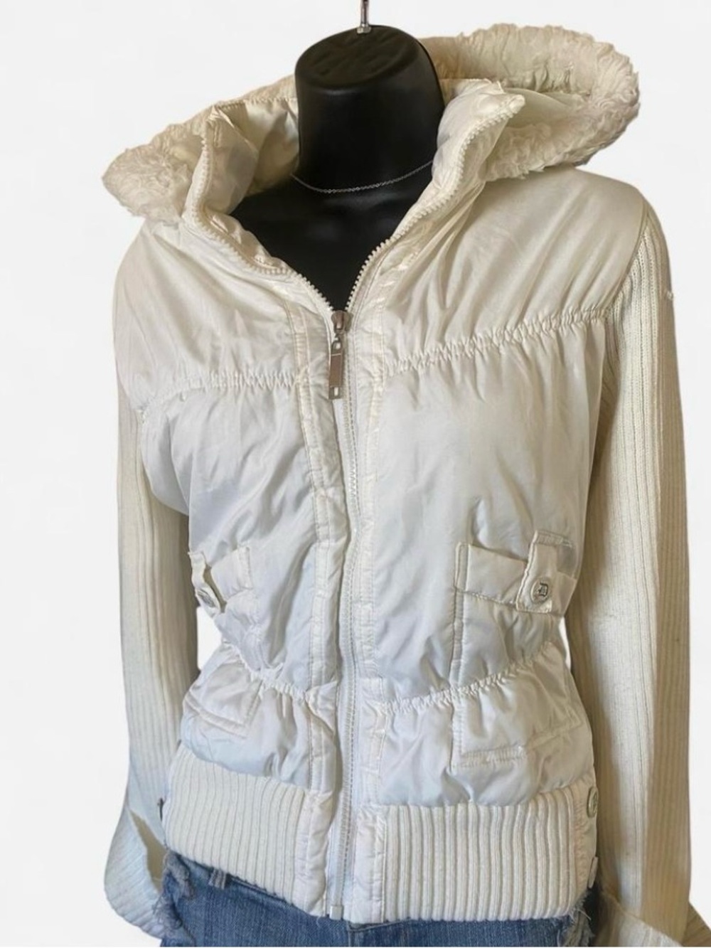 Y2k Dollhouse White Puffer Jacket with Fur Trim Hood & Cinched Waist
